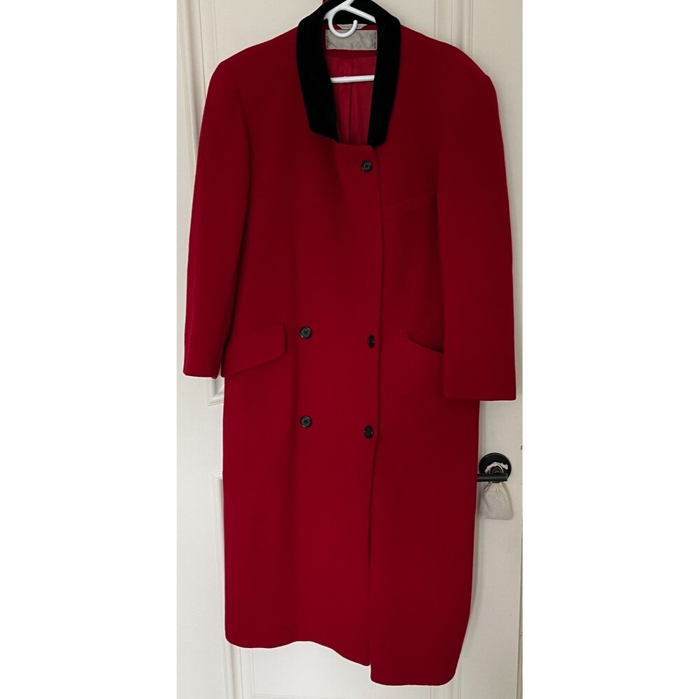 Evan-Picone Vintage Red 100% Wool Long Coat Black Velvet Collar Made Italy Sz 14